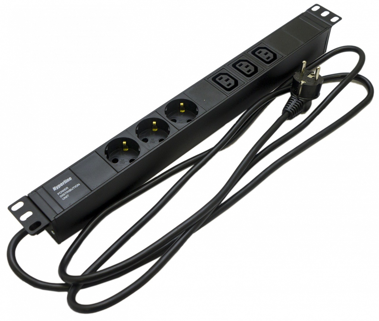 Блок розеток SHE19-3SH-2IEC-B-2.5EU для 19" шкафов, горизонтальный, 3 розетки Schuko, 2 розетки IEC320 C13, автоматический выключатель, кабель питания 2.5м (3х1.5мм2) с вилкой Schuko 16A, 250В, 482.6x