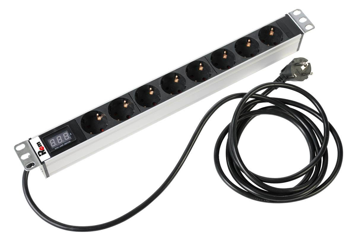Блок розеток R-16-8S-Am-440-3 Rem-16 с амперметром, 8 Schuko, 16A, алюм., 19", шнур 3 м REM