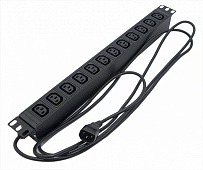 Блок SHE19-12IEC-2.5IEC горизонтальный, 12 розеток IEC320 C13, кабель питания 2.5м (3х1.0мм2) с вилкой IEC320 C14 10A, 250В, 482.6x44.4x44.4мм (ШхГхВ), корпус алюминий, черный Hyperline