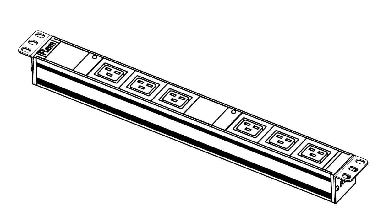 Блок розеток R-32-6C19-I-440-K Rem-32 с инд., 6 IEC 60320 C19, 32А, алюм., 19", колодка REM