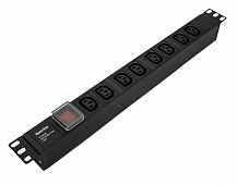 Блок SHE19-8IEC-S-IEC горизонтальный, 8 розеток IEC320 C13, выключатель с подсветкой, без кабеля питания, входной разъем IEC320 C14 10A, 250В, 482.6x44.4x44.4мм (ШхГхВ), корпус алюминий, черный Hyperl
