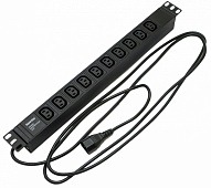 Блок SHE19-10IEC-2.5IEC горизонтальный, 10 розеток IEC320 C13, кабель питания 2.5м (3х1.0мм2) с вилкой IEC320 C14 10A, 250В, 482.6x44.4x44.4мм (ШхГхВ), корпус алюминий, черный Hyperline