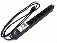 Блок SHE19-6SH-B-2.5EU автоматический выключатель, кабель питания 2.5м (3х1.5мм2) с вилкой Schuko 16A, 250В, 482.6x44.4x44.4мм (ШхГхВ), корпус алюминий, черный Hyperline