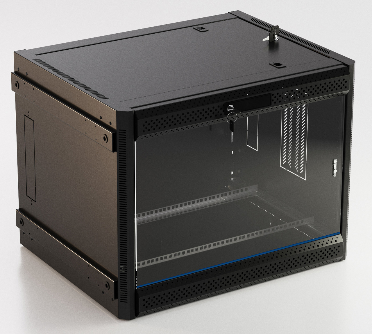 Шкаф TWB-FC-1266-GP-RAL9004 телекоммуникационный 12U (650x600х600), дверь стекло с перфорацией по бокам, черный Hyperline