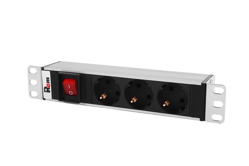 Блок розеток R-10-3S-V-220-Z Rem-10 без шнура с выкл., 3 Sсhuko, вход IEC 60320 C14, 10 A, алюм., 10" REM
