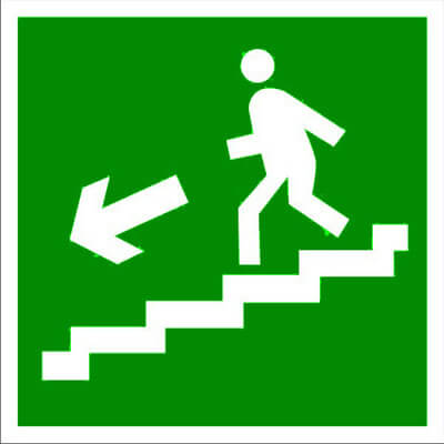 Знак Е14 Направление к эвакуационному выходу налево вниз по лестнице 150х150 мм Камазнак