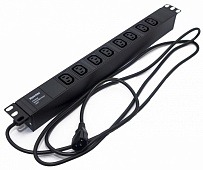 Блок SHE19-8IEC-2.5IEC горизонтальный, 8 розеток IEC320 C13, кабель питания 2.5м (3х1.0мм2) с вилкой IEC320 C14 10A, 250В, 482.6x44.4x44.4мм (ШхГхВ), корпус алюминий, черный Hyperline