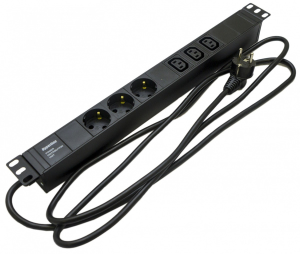 Блок розеток SHE19-3SH-2IEC-B-2.5EU для 19" шкафов, горизонтальный, 3 розетки Schuko, 2 розетки IEC320 C13, автоматический выключатель, кабель питания 2.5м (3х1.5мм2) с вилкой Schuko 16A, 250В, 482.6x