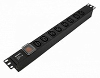 Блок SHE19-8IEC-S-IEC горизонтальный, 8 розеток IEC320 C13, выключатель с подсветкой, без кабеля питания, входной разъем IEC320 C14 10A, 250В, 482.6x44.4x44.4мм (ШхГхВ), корпус алюминий, черный Hyperl