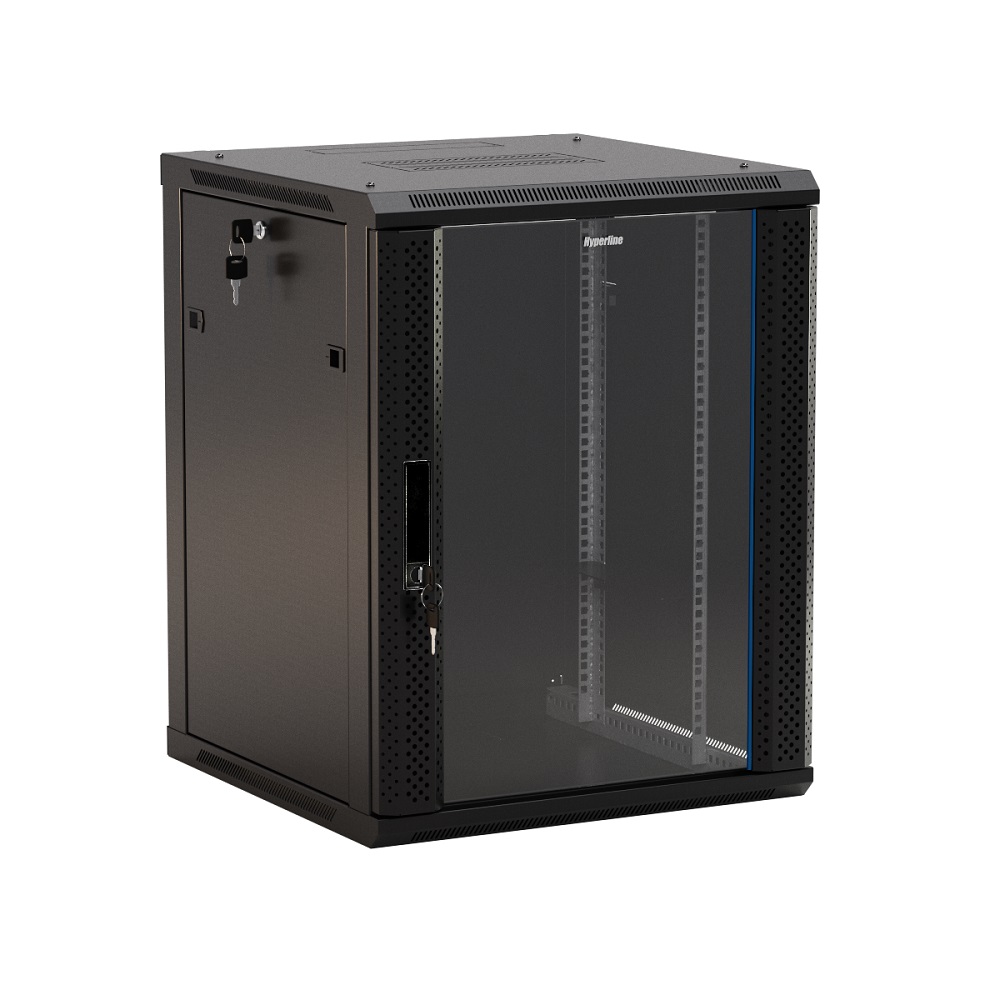 Шкаф TWB-1245-GP-RAL9004 телекоммуникационный 12U (650x600х450), дверь стекло с перфорацией по бокам, черный Hyperline